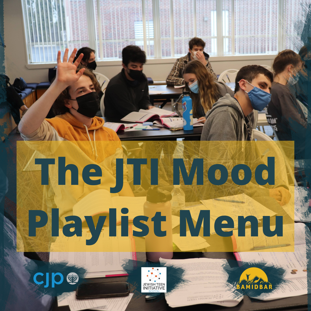 JTI Fellows raise their hands during an activity. Text overlay reads "The JTI Mood Playlist Menu."